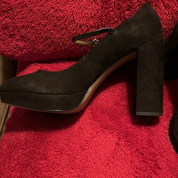 Coach platforms brown suede 4 1/4 in heel 3/4 platform Lightly patted foot bed. - Picture 2 of 3